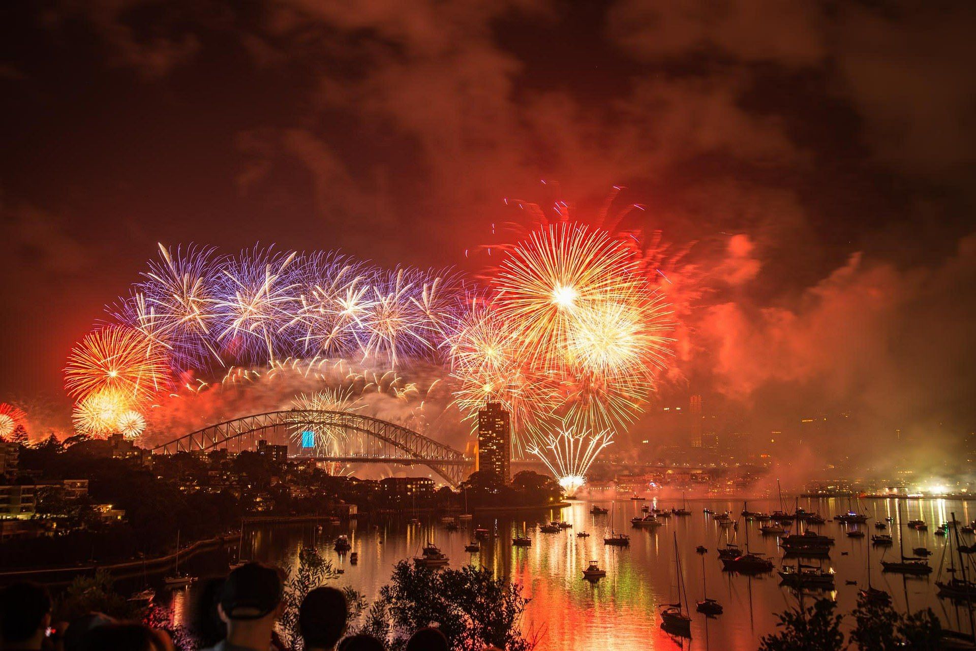 Sydney Harbour Bridge with fireworks at New Year