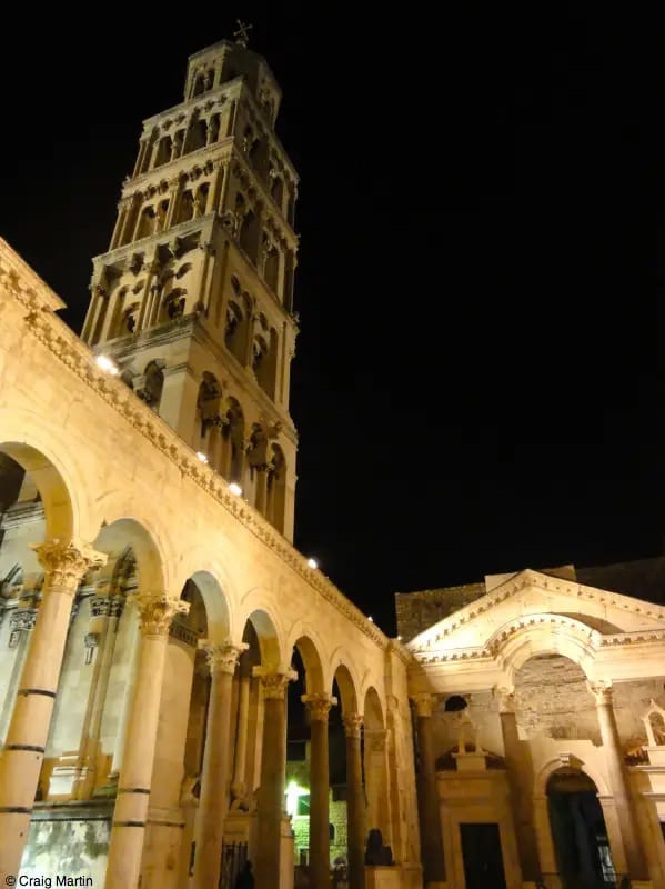 Split's bell tower by night.