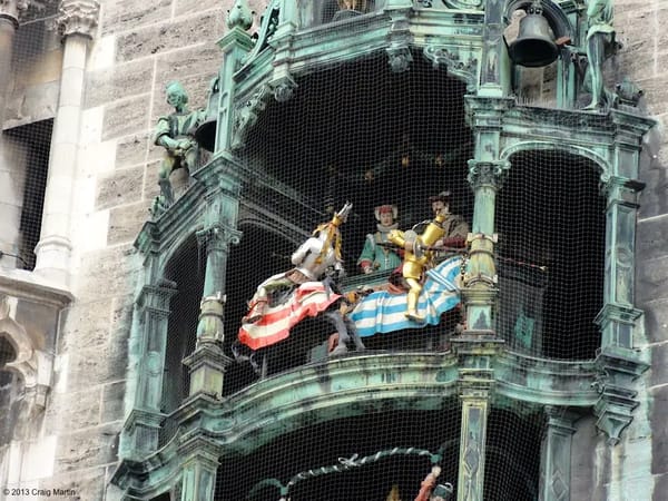 The glockenspiel on the new town hall plays at 11am, 12am, and 5pm during summer.
