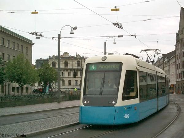Angered Tram runs through Goteborg Sweden
