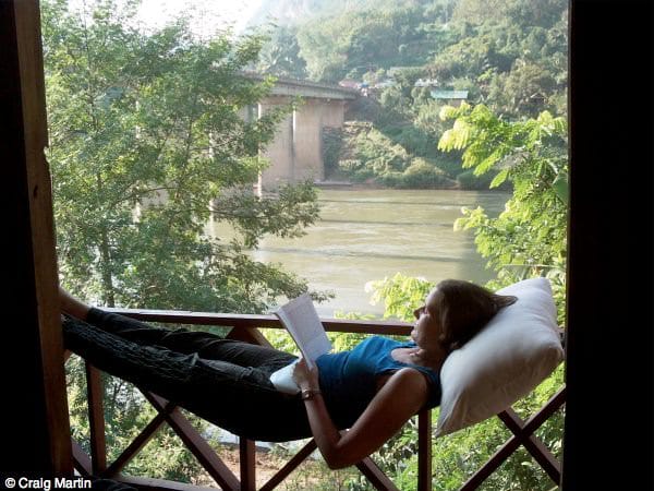 Linda relaxing in Nong Khiaw