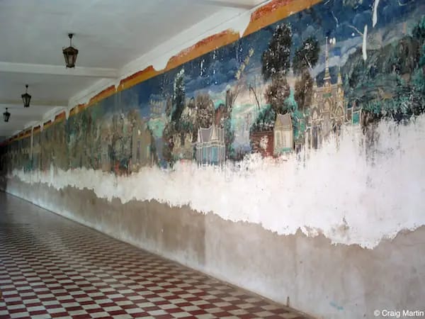The mural is complete in some sections, damaged in others. Royal Palace, Phnom Penh