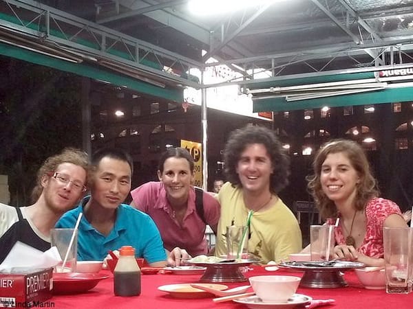 couchsurfing group enjoying dinner in kuala lumpur - travel and couchsurfing