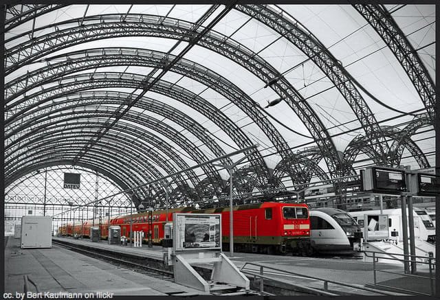 Dresden train station, all grey and red.