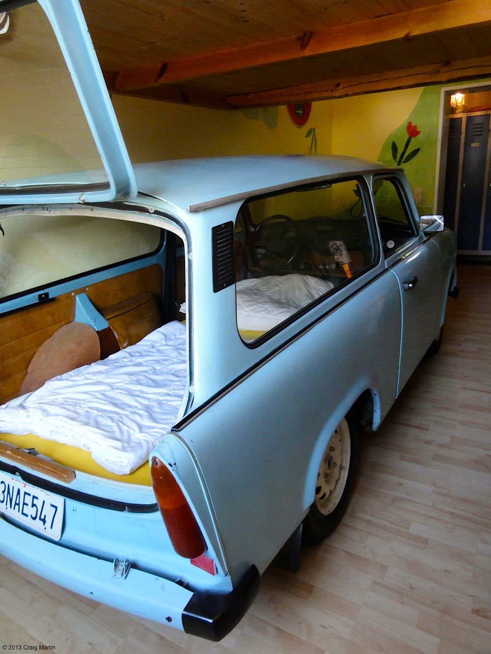 We stayed in the Hostel Lollis... with a Trabant for a bed.