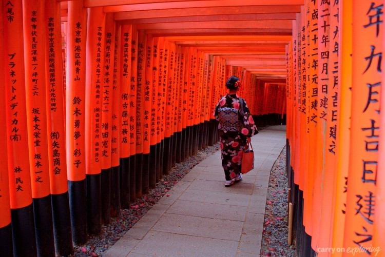 A geisha walking down a path in Kyoto, Japan.