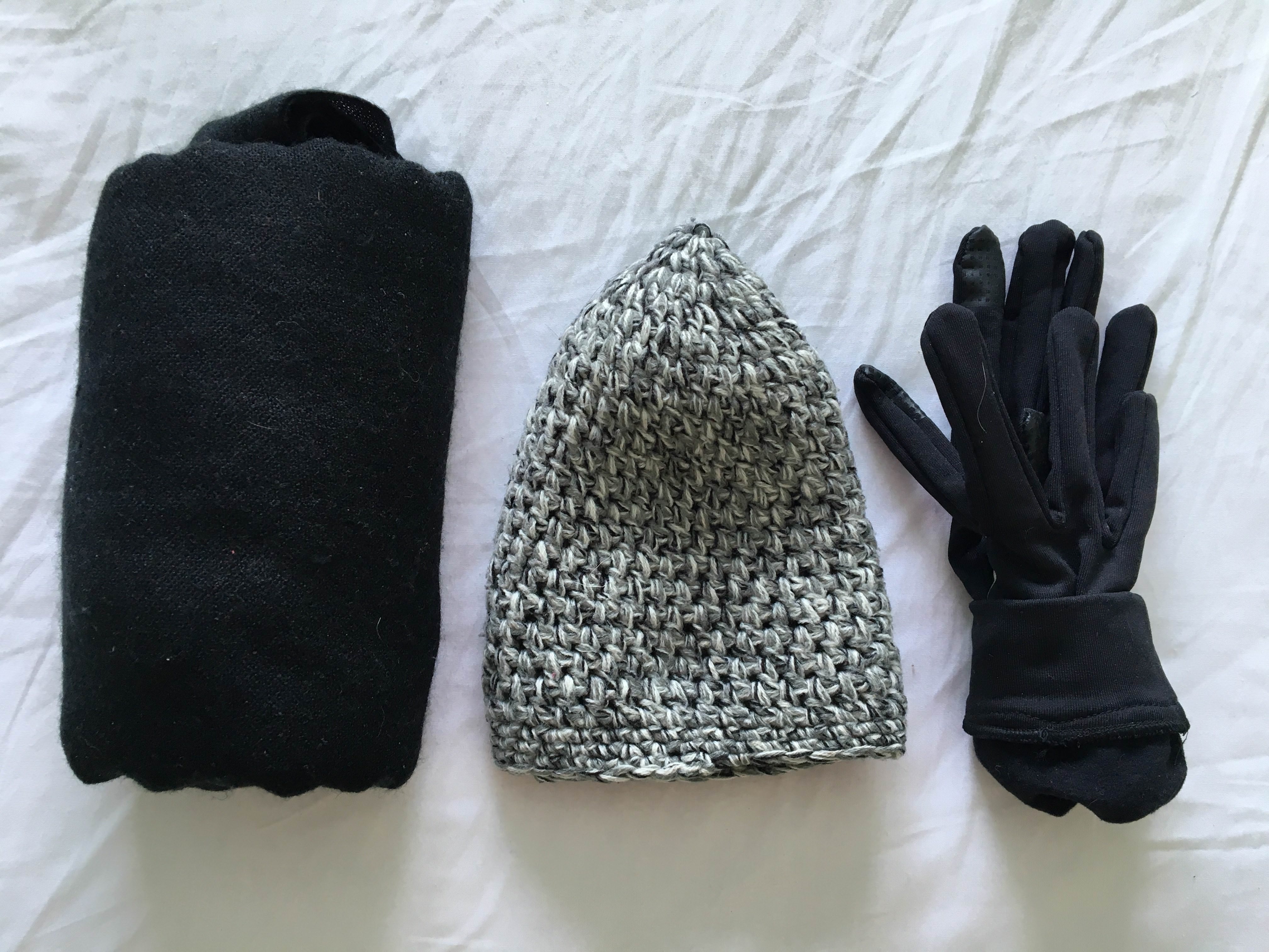 Scarf, hat, gloves